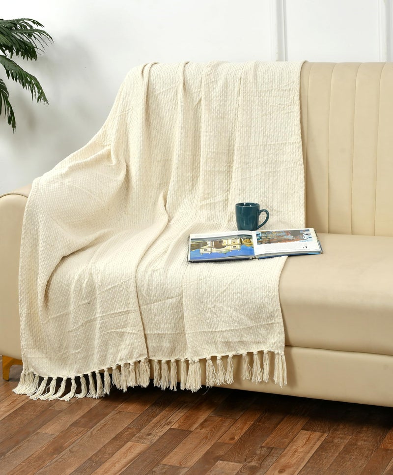 SASHAA WORLD Cotton Ivory Throw Blanket | 130x180 cm Lightweight Soft and Breathable Blanket for Bed, Sofa, or Chair | Elegant Neutral Home Décor Layer for All Seasons Comfort - Image 1