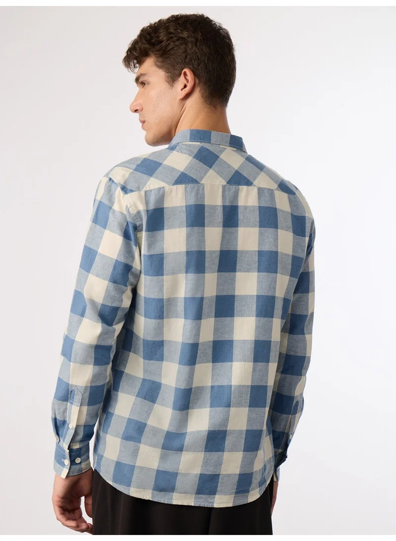 The Souled Store  The Souled Store: Blue Sails Men and Boys Long Sleeve Spread Collar Blue and Cream Checked Embroidered Cotton Linen Regular Shirt  | Best Price UAE