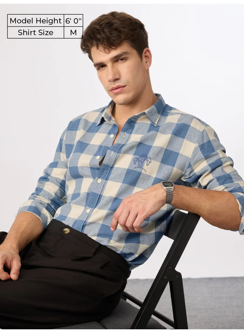 The Souled Store The Souled Store: Blue Sails Men and Boys Long Sleeve Spread Collar Blue and Cream Checked Embroidered Cotton Linen Regular Shirt