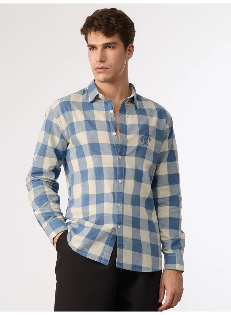 The Souled Store The Souled Store: Blue Sails Men and Boys Long Sleeve Spread Collar Blue and Cream Checked Embroidered Cotton Linen Regular Shirt