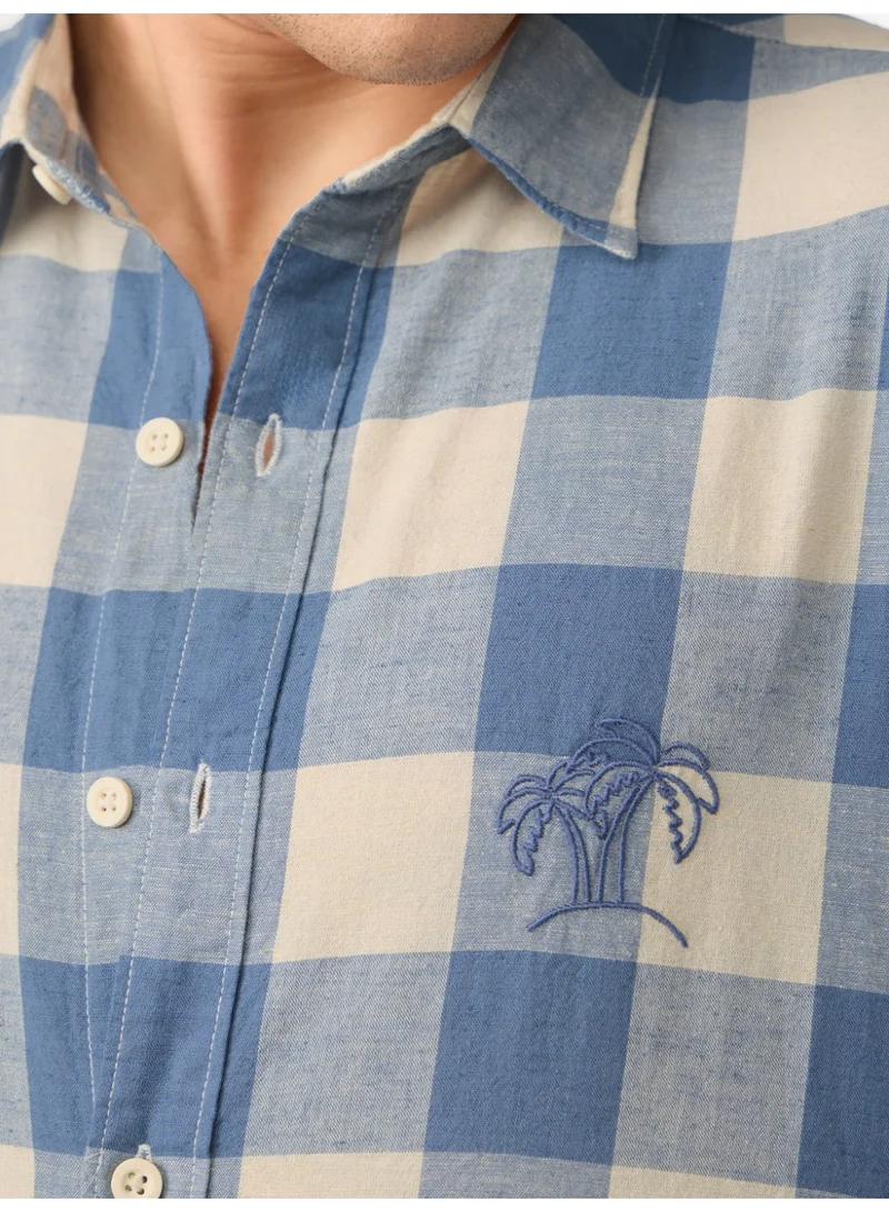 The Souled Store  The Souled Store: Blue Sails Men and Boys Long Sleeve Spread Collar Blue and Cream Checked Embroidered Cotton Linen Regular Shirt  | Best Price UAE