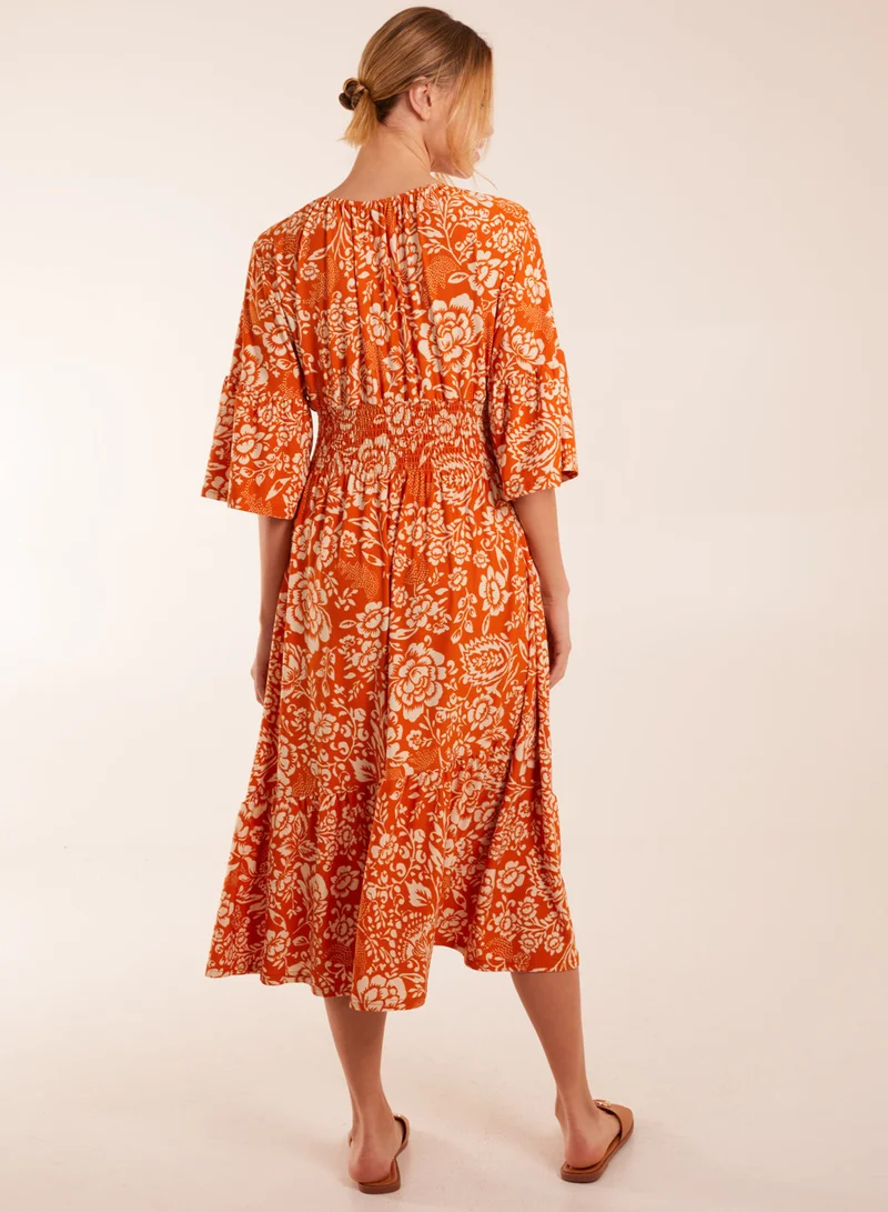 Blue Vanilla Elasticated V Neck Midi Dress With Tie Up Neck