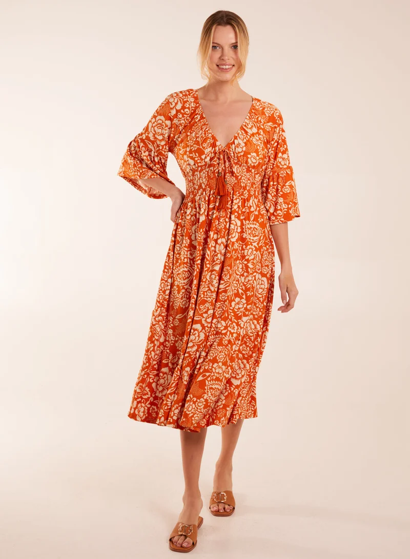 Blue Vanilla Elasticated V Neck Midi Dress With Tie Up Neck