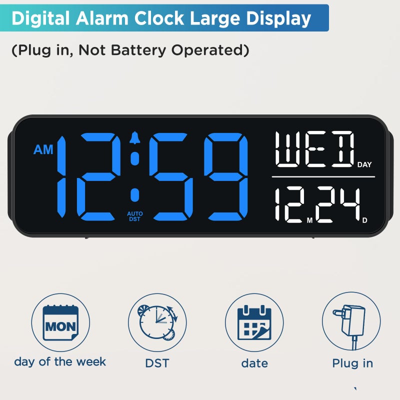 Peakeep Large Display Digital Alarm Clock for Bedrooms, Date Day of Week Calendar Desk Table Clocks for Living Room Office, Dimmable Plug in Electric Clock, 5 Volumes, Loud, Auto DST - Image 2