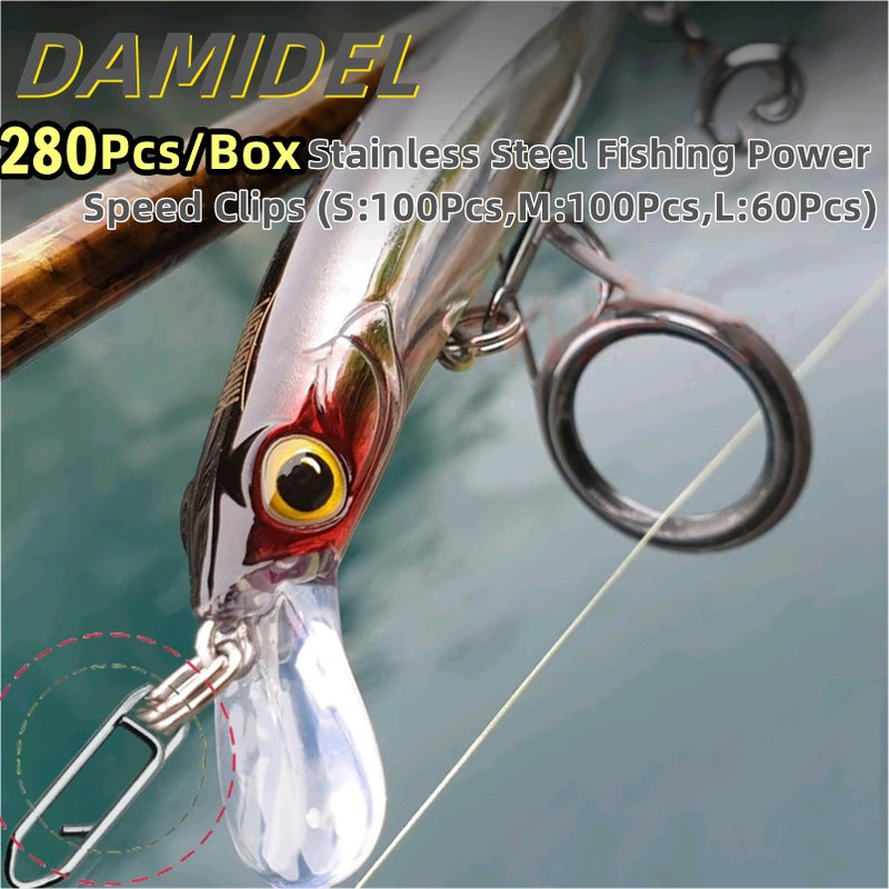 DAMIDEL 280Pcs/Box Stainless Steel Fishing Power Speed Clips (SS:100Pcs,S:100Pcs,M:60Pcs,L:20Pcs) High Strength Fishing Connector Swivels Snaps for Quick Change Lure Tackle Saltwater Freshwater - Image 3