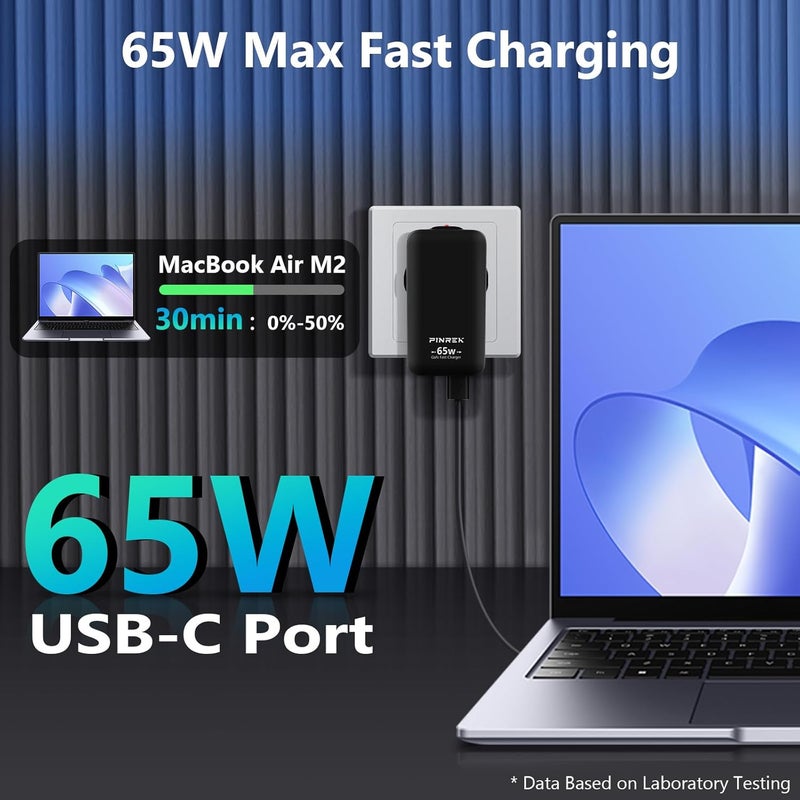 بينريك شاحن 2-منفذ 65W USB C، محول سفر مع كابل Type C بقدرة 100W وقابس بريطاني، شاحن حائط فائق النحافة وسريع الشحن لأجهزة iPhone وMacBook وiPad وGalaxy والمزيد - Image 5