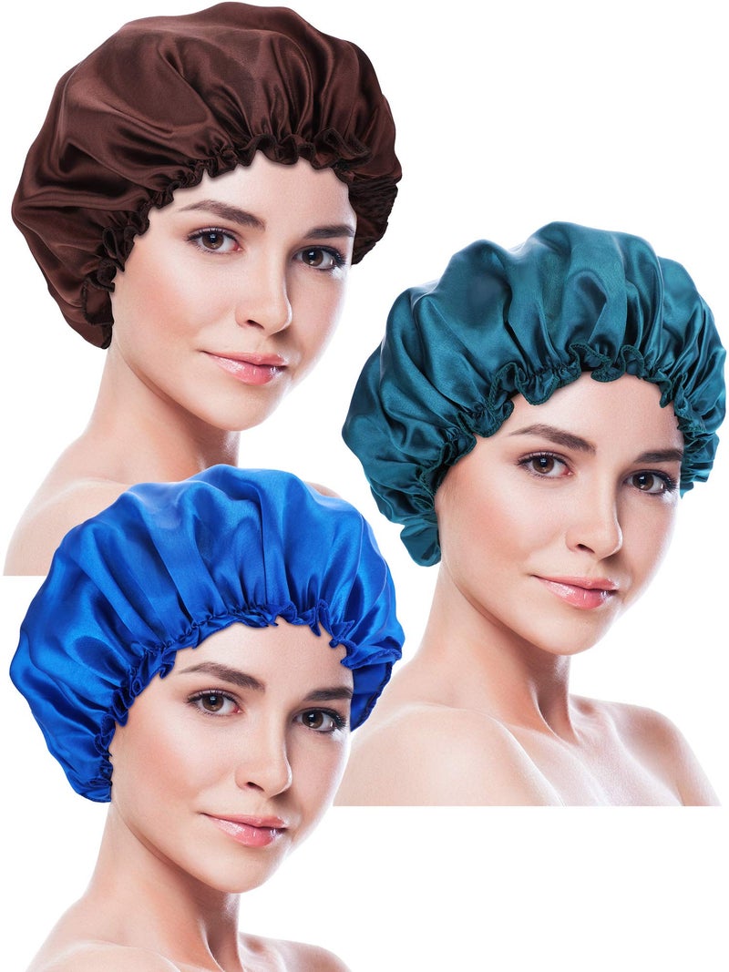 Blulu 3 Pieces Large Sleep Cap Satin Bonnet Night Sleeping Soft Hair Turbans for Women and GirlsSapphire Blue Coffee Peacock Blue