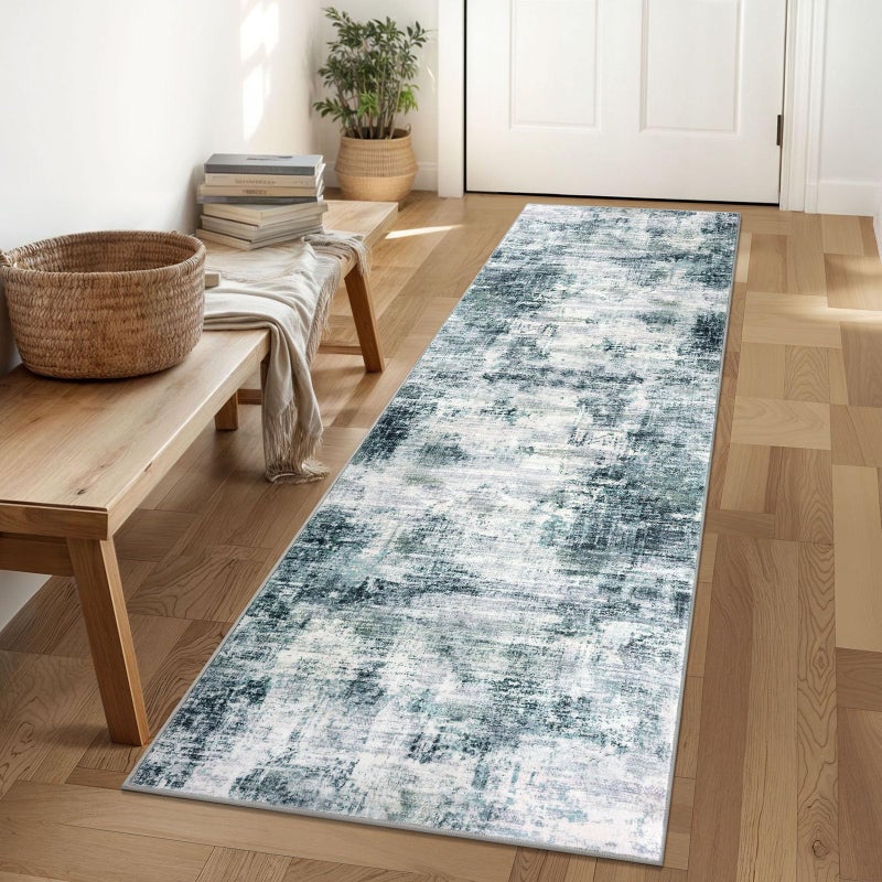 IOHOUZE Abstract Runner Rug 2x6 Ft Washable Runners for Hallways, Non Slip Kitchen Runner Printed Faux Wool Entryway Runner Indoor, Modern Abstract Floor Carpet for Hall Kitchen Bedroom, Sage Grey - Image 1