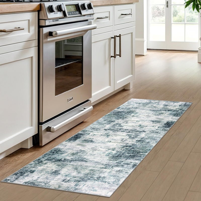 IOHOUZE Abstract Runner Rug 2x6 Ft Washable Runners for Hallways, Non Slip Kitchen Runner Printed Faux Wool Entryway Runner Indoor, Modern Abstract Floor Carpet for Hall Kitchen Bedroom, Sage Grey - Image 2