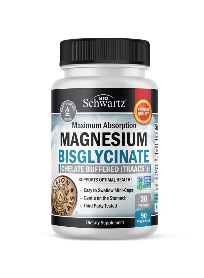 BioSchwartz Magnesium Bisglycinate 100% Chelate No-Laxative Effect - Maximum Absorption & Bioavailability, Fully Reacted & Buffered - Healthy Energy Muscle Bone & Joint Support - Non-GMO Project Verified - 90 ct - Image 1