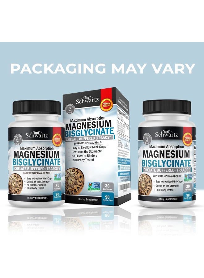 BioSchwartz Magnesium Bisglycinate 100% Chelate No-Laxative Effect - Maximum Absorption & Bioavailability, Fully Reacted & Buffered - Healthy Energy Muscle Bone & Joint Support - Non-GMO Project Verified - 90 ct - Image 2