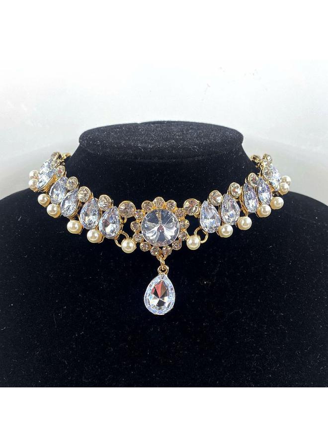 Europe And The United States Exaggerated Temperament Metal Hollow Water Drop Gem Diamond Pearl Crystal Short Collar Necklace Outlet