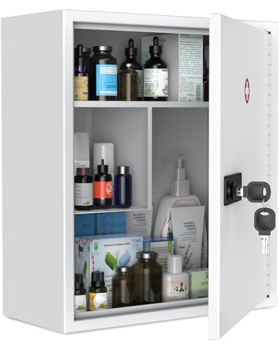 Uniclife Wall Mount Medicine Cabinet with Combination & Key Lock Locking First Aid Cabinet Lockable Medical Cabinet Large Capacity Medicine Organizer Secure Steel Wall Cabinet Metal Storage Box, White - Image 1