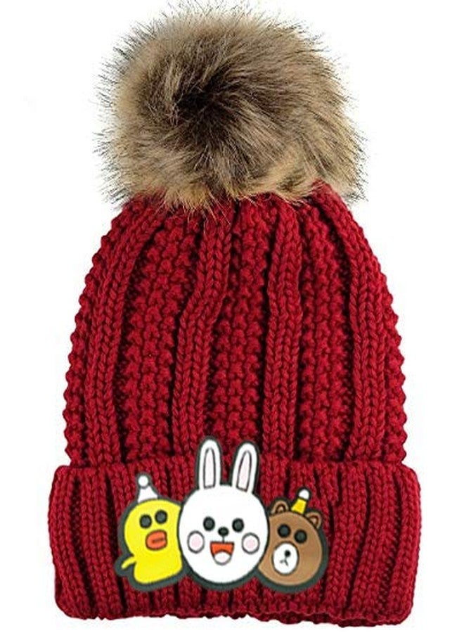 V3E Baby Boy's & Girl's Faux Fur Pom Pom Crochet Knitted Wool Skull Beanie Hat Cap (Red, 2-6 Years Old) - Image 1
