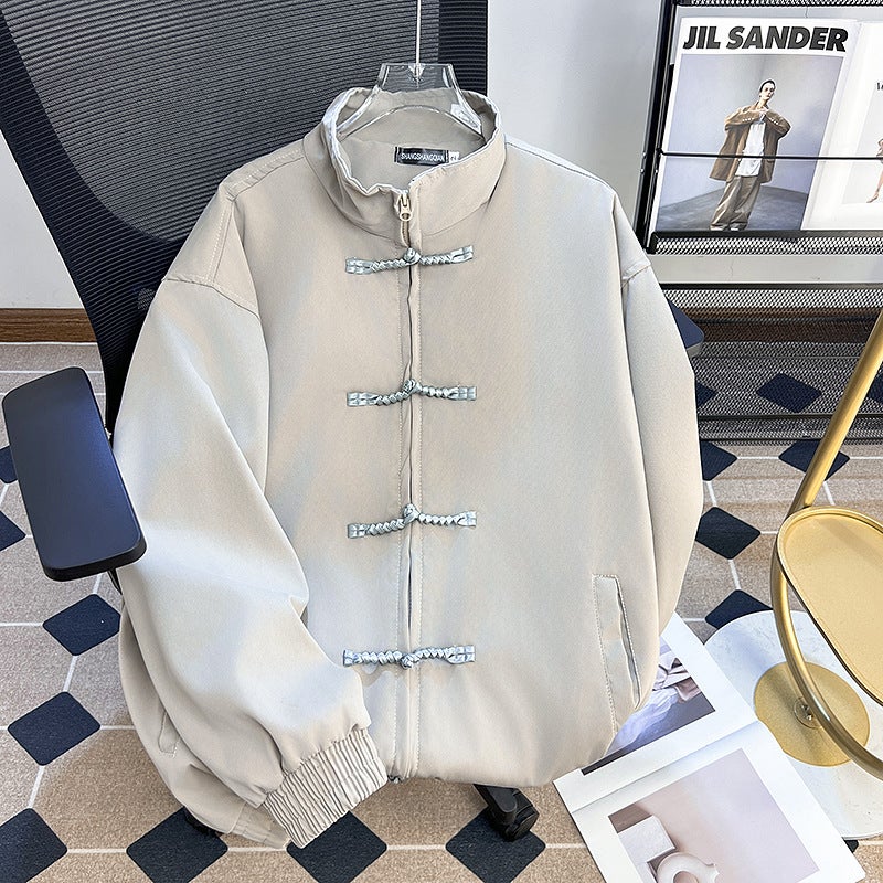 Winter New Chinese Style Vertical Collar Jacket For Boys And Girls National Style Solid Color Retro Buckle Neutral Style Long Sleeve Jacket Trendy - Image 1