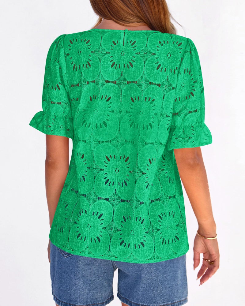 KIRUNDO Lace Tops for Women Blouses Dressy Casual Boho Eyelet Puff Short Sleeve Shirts Spring Summer Clothes Vacation Outfits(Green, Large) - Image 4
