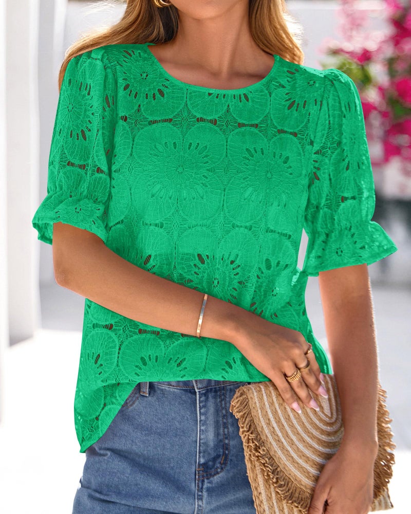 KIRUNDO Lace Tops for Women Blouses Dressy Casual Boho Eyelet Puff Short Sleeve Shirts Spring Summer Clothes Vacation Outfits(Green, Large) - Image 5