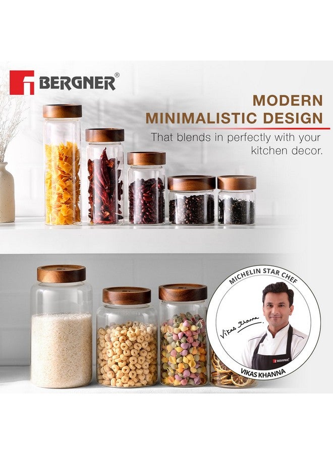 BERGNER جرار بيرجنر أكاديا من زجاج البورسليكات مع غطاء خشبي صلب، مجموعة من 2 جرار، سعة 120 مل لكل منها، لتخزين وحفظ السكر، الدقيق، الشاي، القهوة، التوابل، البسكويت، الشوفان | حاوية متعددة الاستخدامات للمطبخ - Image 2