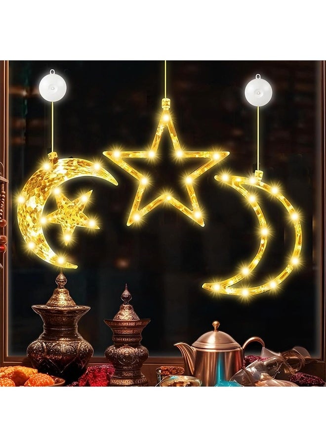 نيبمينينت تزيينات رمضان للمنزل، أضواء رمضان، 3 قطع من أضواء تزيينات رمضان مع مصاصة، أضواء النجوم والهلال المعلقة داخل الستائر.  - Image 1