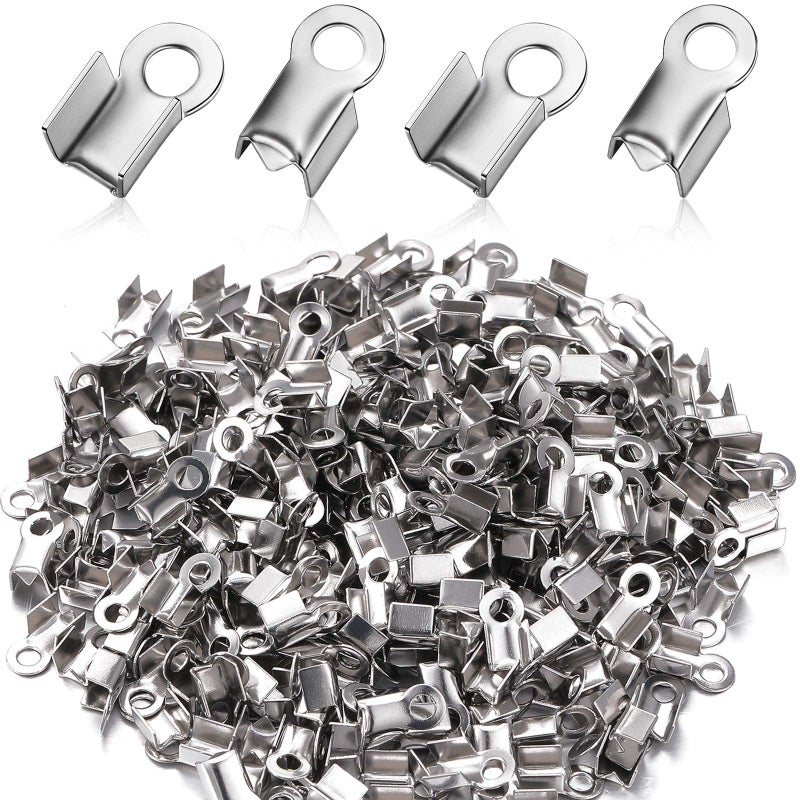 Syhood 100 Pieces 304 Stainless Steel Fold Over Cord Ends Cord Crimp Tips Fold-Over End Caps Leather Ribbon Clasp Tips Jewelry Connector for Jewelry Making, 3 x 8 mm - Image 1