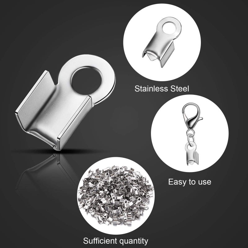 Syhood 100 Pieces 304 Stainless Steel Fold Over Cord Ends Cord Crimp Tips Fold-Over End Caps Leather Ribbon Clasp Tips Jewelry Connector for Jewelry Making, 3 x 8 mm - Image 2