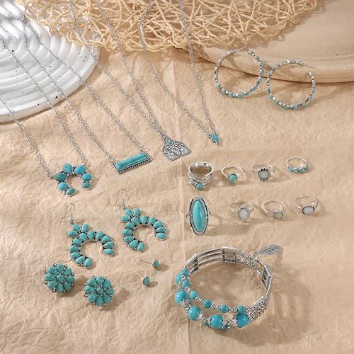 FINREZIO Turquoise Jewelry for Women Western Turquoise Necklace Dangle Earrings Boho Bracelet and Knuckle Rings Bohemian Western Jewelry Set for Women - Image 4