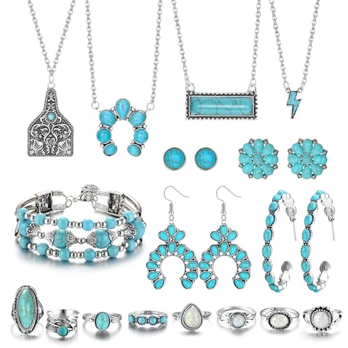 FINREZIO Turquoise Jewelry for Women Western Turquoise Necklace Dangle Earrings Boho Bracelet and Knuckle Rings Bohemian Western Jewelry Set for Women - Image 1