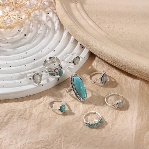 FINREZIO Turquoise Jewelry for Women Western Turquoise Necklace Dangle Earrings Boho Bracelet and Knuckle Rings Bohemian Western Jewelry Set for Women - Image 5