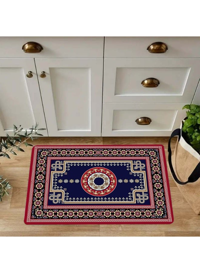 Polyester Decorative Area Rug, Navy Blue with Red and Beige-Gold Geometric Floral Pattern, Indoor/Outdoor Mat - Image 3