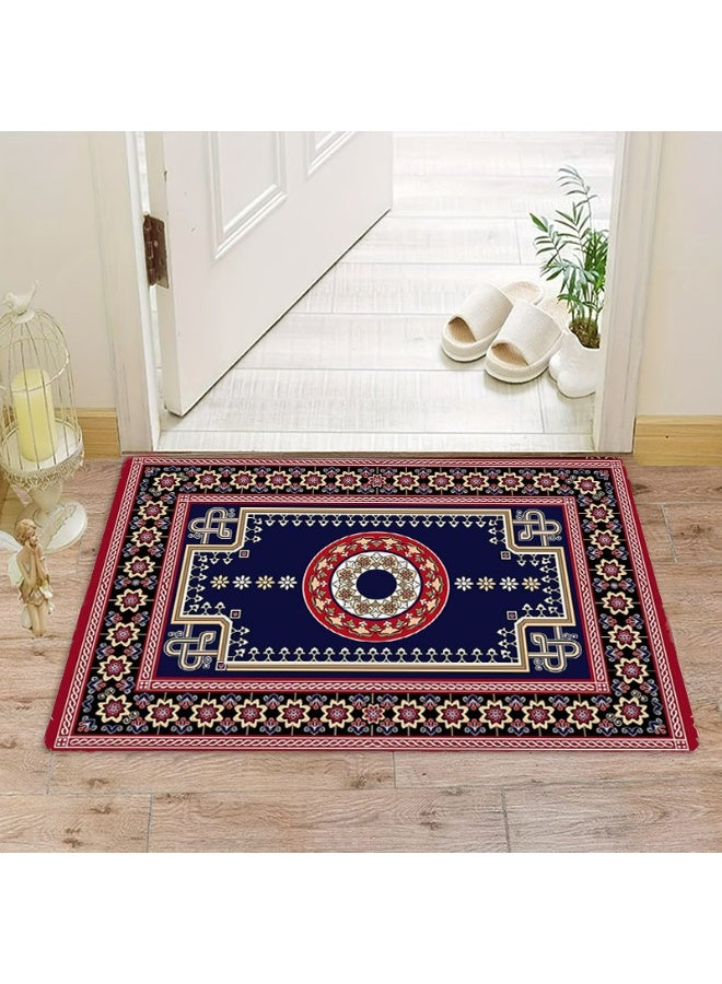 Polyester Decorative Area Rug, Navy Blue with Red and Beige-Gold Geometric Floral Pattern, Indoor/Outdoor Mat - Image 5