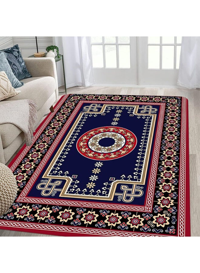 Polyester Decorative Area Rug, Navy Blue with Red and Beige-Gold Geometric Floral Pattern, Indoor/Outdoor Mat - Image 1