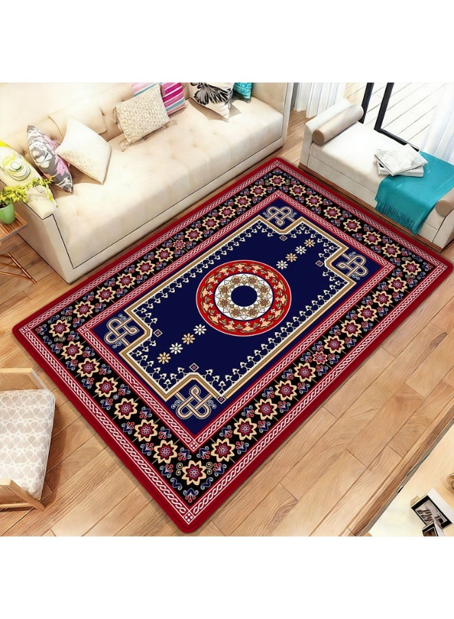 Polyester Decorative Area Rug, Navy Blue with Red and Beige-Gold Geometric Floral Pattern, Indoor/Outdoor Mat - Image 2