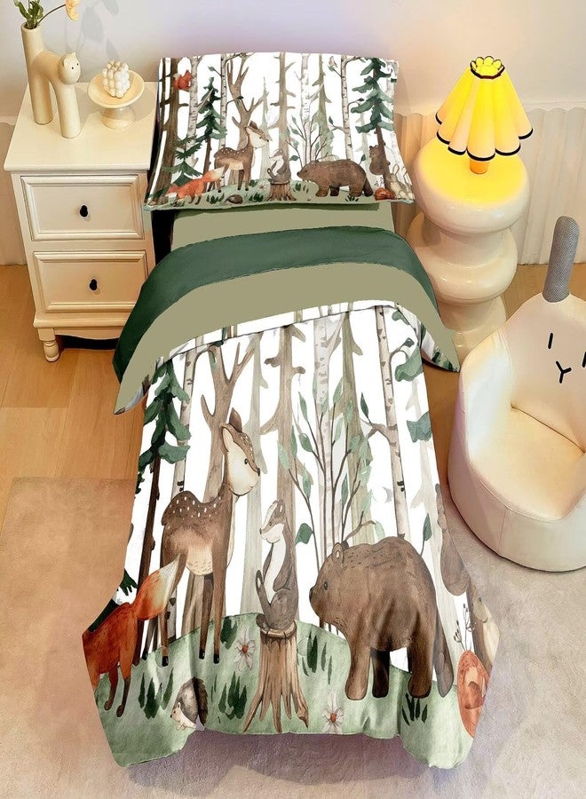 CKOU CCOO 4 Pieces Woodland Animal Toddler Bedding Set, Forest Deer Bear Bed Comforter Setfor Baby Boys Girls, Cute Toddler Quilt Kids Toddler Bed Set Includes Comforter, Sheets and Pillowcase - Image 2