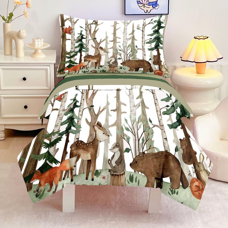 CKOU CCOO 4 Pieces Woodland Animal Toddler Bedding Set, Forest Deer Bear Bed Comforter Setfor Baby Boys Girls, Cute Toddler Quilt Kids Toddler Bed Set Includes Comforter, Sheets and Pillowcase - Image 1