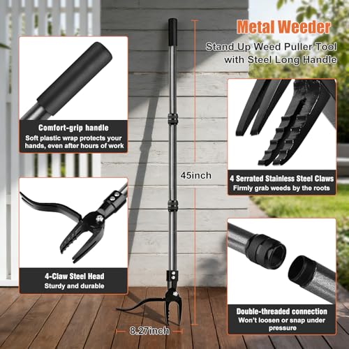 GOXAWEE Metal Stand Up Weed Puller Tool - 45" Garden Weeding Tool with Steel Long Handle & 4-Claw Steel Head - Effortlessly Remove Weeds Without Bending/Kneeling - All Steel Construction - Image 2