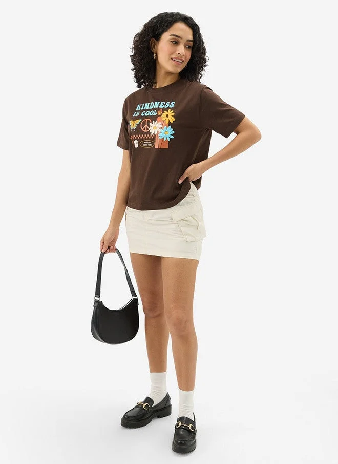 The Souled Store  The Souled Store Women's Relaxed Fit Printed Coffee Brown T-Shirt  | Best Price UAE