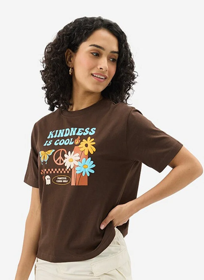 The Souled Store Women's Relaxed Fit Printed Coffee Brown T-Shirt