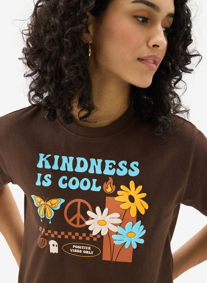 The Souled Store  The Souled Store Women's Relaxed Fit Printed Coffee Brown T-Shirt  | Best Price UAE