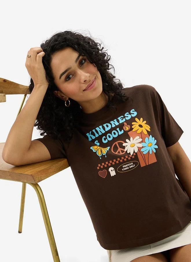 The Souled Store  The Souled Store Women's Relaxed Fit Printed Coffee Brown T-Shirt  | Best Price UAE