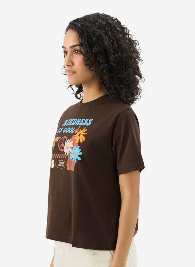 The Souled Store  The Souled Store Women's Relaxed Fit Printed Coffee Brown T-Shirt  | Best Price UAE