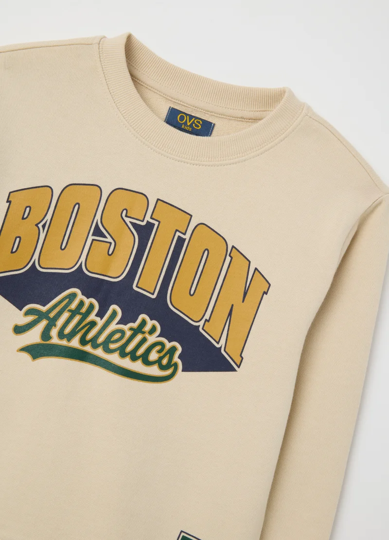 Ovs CHILDREN'S BEIGE PURE COTTON SWEATSHIRT REGULAR FIT WITH BOSTON ATHLETICS PRINT