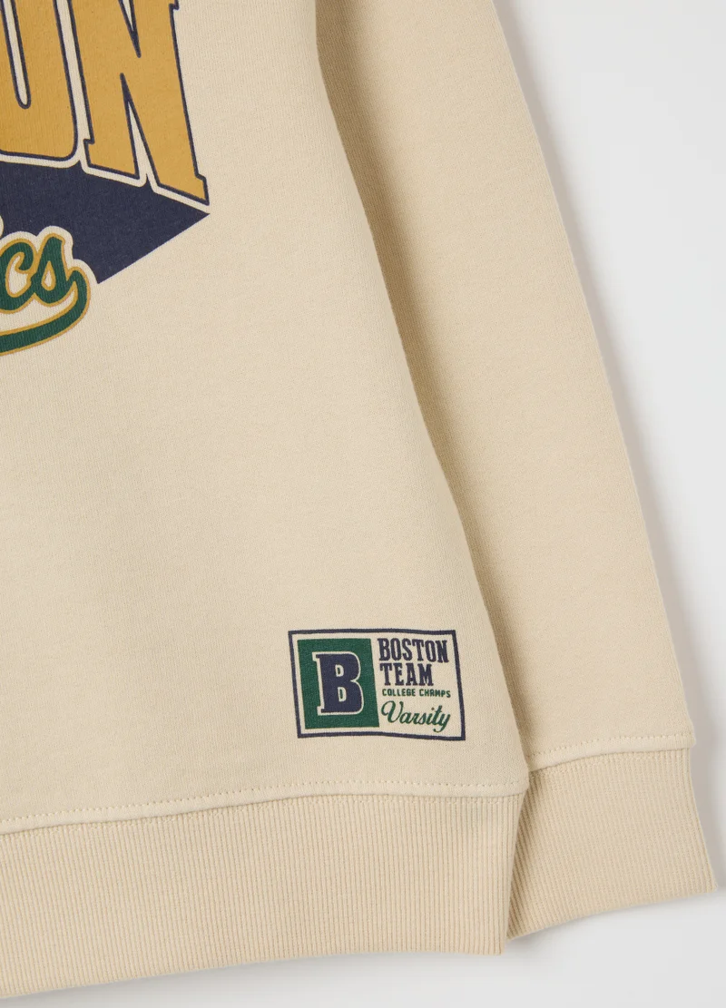 Ovs CHILDREN'S BEIGE PURE COTTON SWEATSHIRT REGULAR FIT WITH BOSTON ATHLETICS PRINT