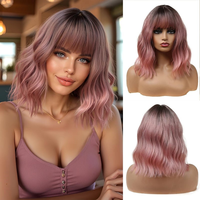 Esmee 14 Inches Short Pink Wigs with Bangs for Women Natural Synthetic Hair Ombre Wig with Dark Roots Loose Wavy Wigs for Cosplay Daily Party Wear
