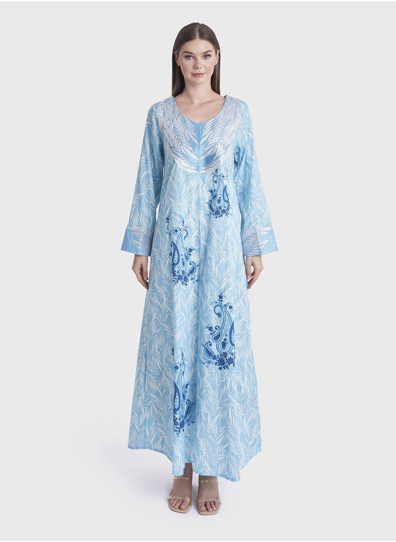 كشخة جلابية مطبوعة بحديقة قطنية مخمل - Image 1