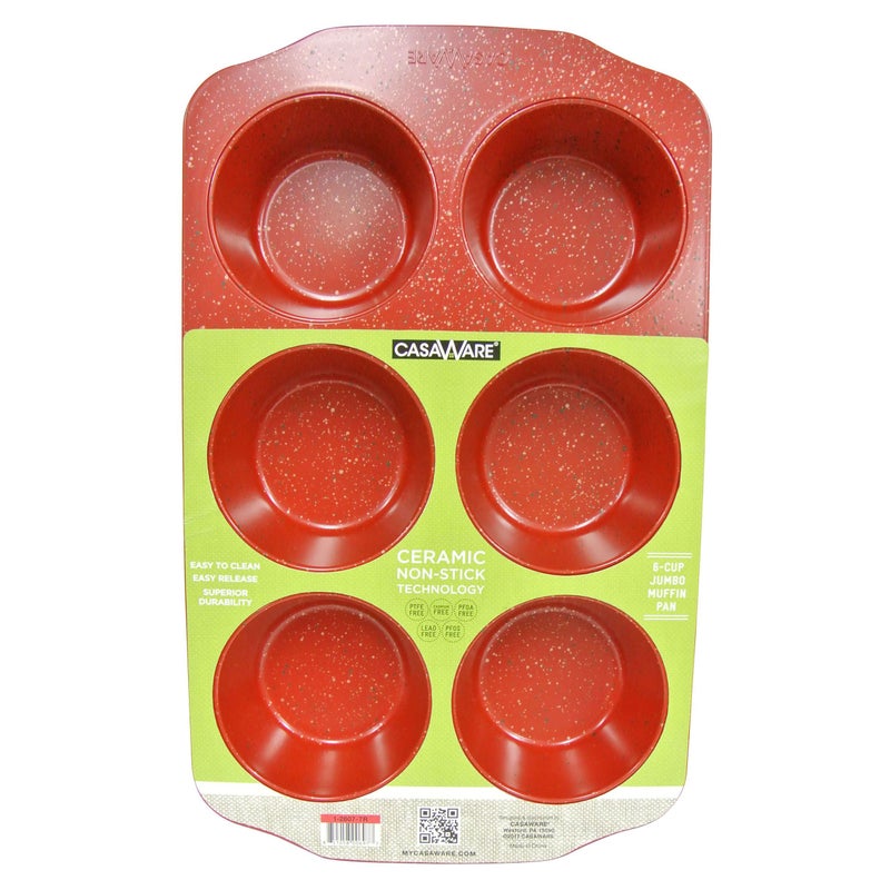 casaWare Jumbo Muffin Pan 6 Cup Ceramic Coated NonStick Red Granite