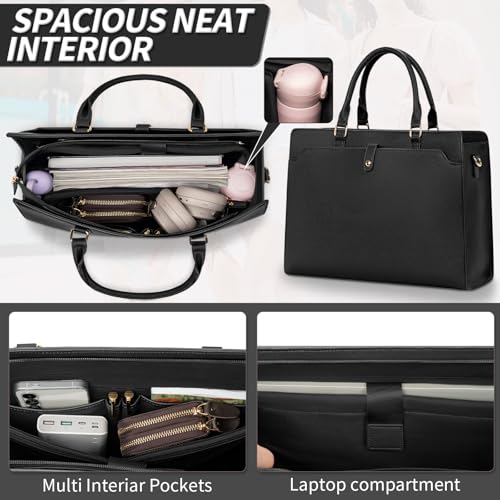 GMAK Laptop Tote Bag for Women, Office Work Bag Briefcase for 15.6 inch Laptop, PU Leather Teacher Tote Bag Large Capacity Waterproof Computer Bags Teacher Handbag for Commute Office Travel, Black - Image 4