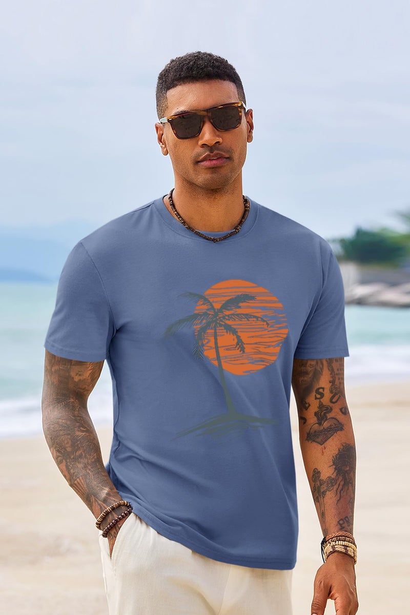Runcati Mens Short Sleeve T-Shirts Crew Neck Casual Shirt Summer Beach Palm Tree Vintage Hawaiian Tees Blue - Image 4