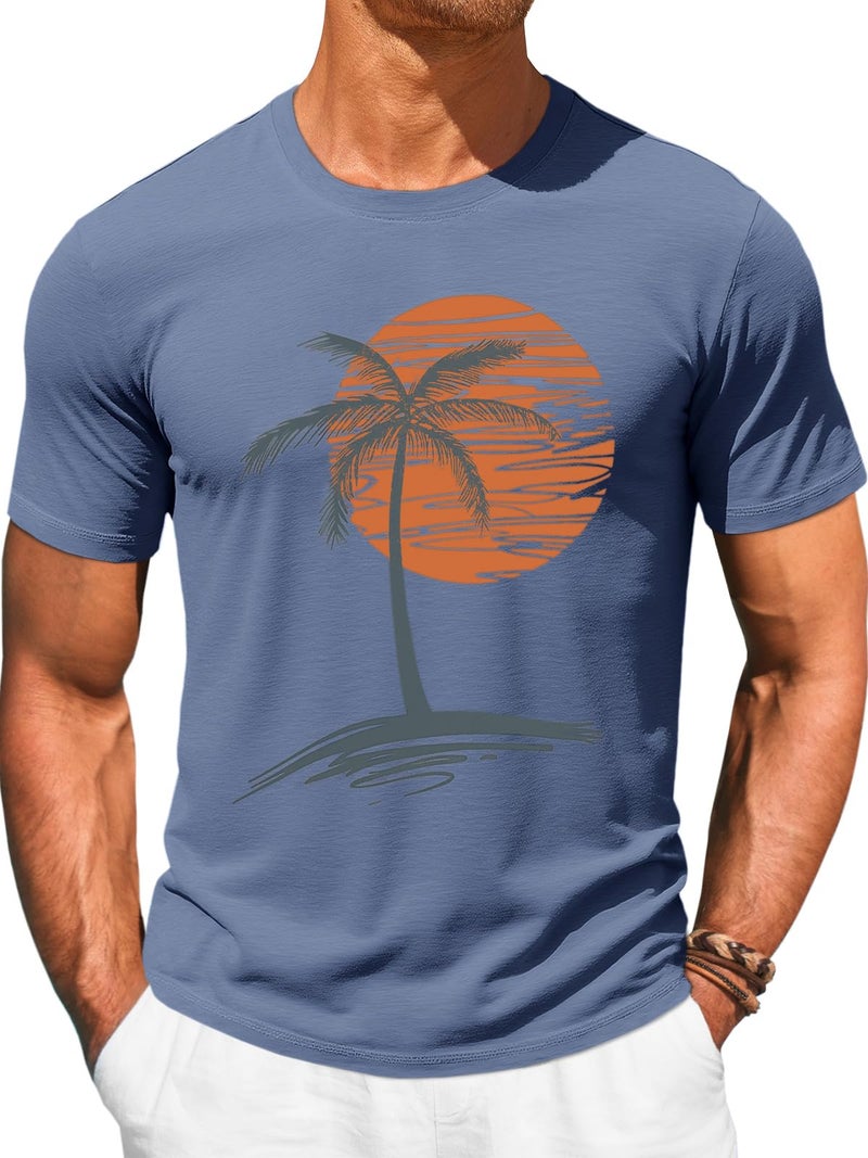 Runcati Mens Short Sleeve T-Shirts Crew Neck Casual Shirt Summer Beach Palm Tree Vintage Hawaiian Tees Blue - Image 1