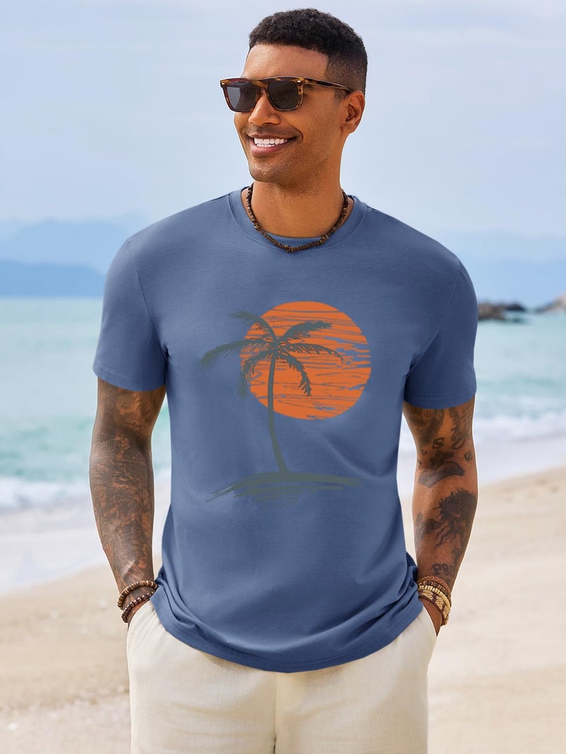 Runcati Mens Short Sleeve T-Shirts Crew Neck Casual Shirt Summer Beach Palm Tree Vintage Hawaiian Tees Blue - Image 3