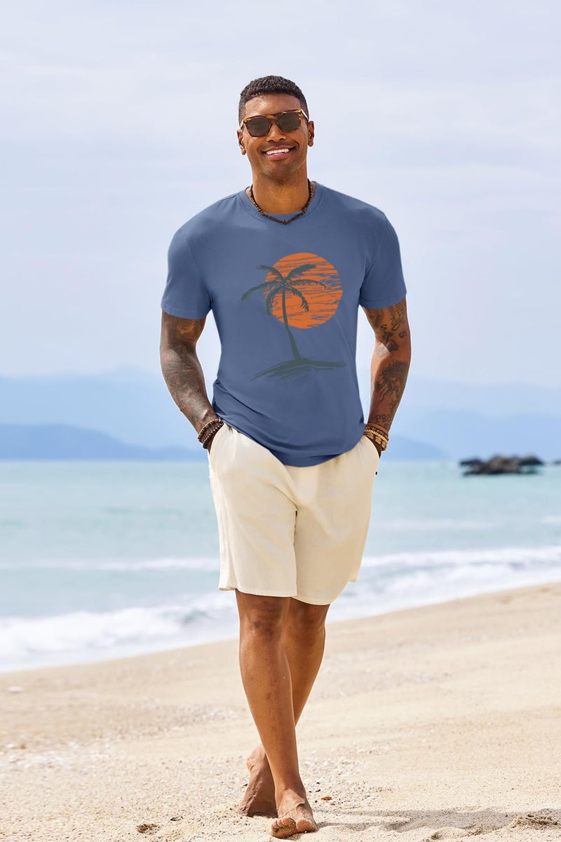 Runcati Mens Short Sleeve T-Shirts Crew Neck Casual Shirt Summer Beach Palm Tree Vintage Hawaiian Tees Blue - Image 5